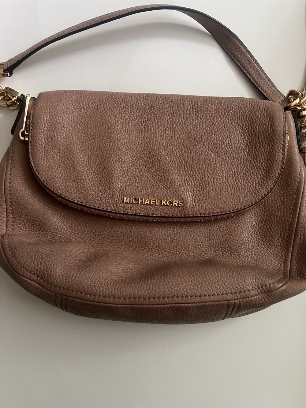 Michael Kors Taupe Brown Pebbled Leather Shoulder Bag with Gold Logo